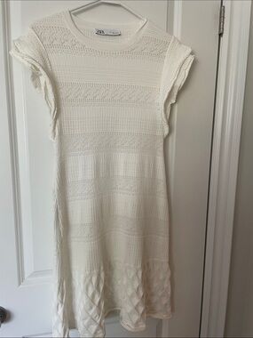 Zara Ivory Knit Midi Dress with Textured Hem